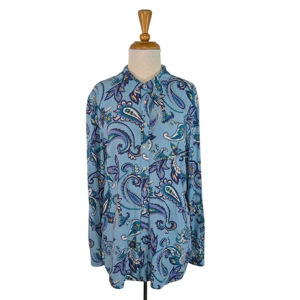 Talbots L Blue Paisley Button Up Shirt Hippy Psychedelic 70s Career Boho Hippy